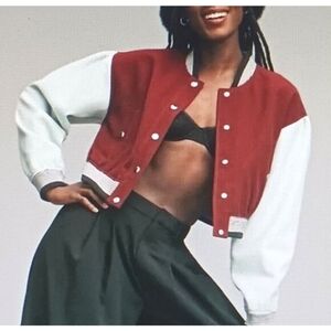 NEW Mauve Anthropologie Colorblock Crop Bomber Varsity Jacket Maroon / Blue Sz S